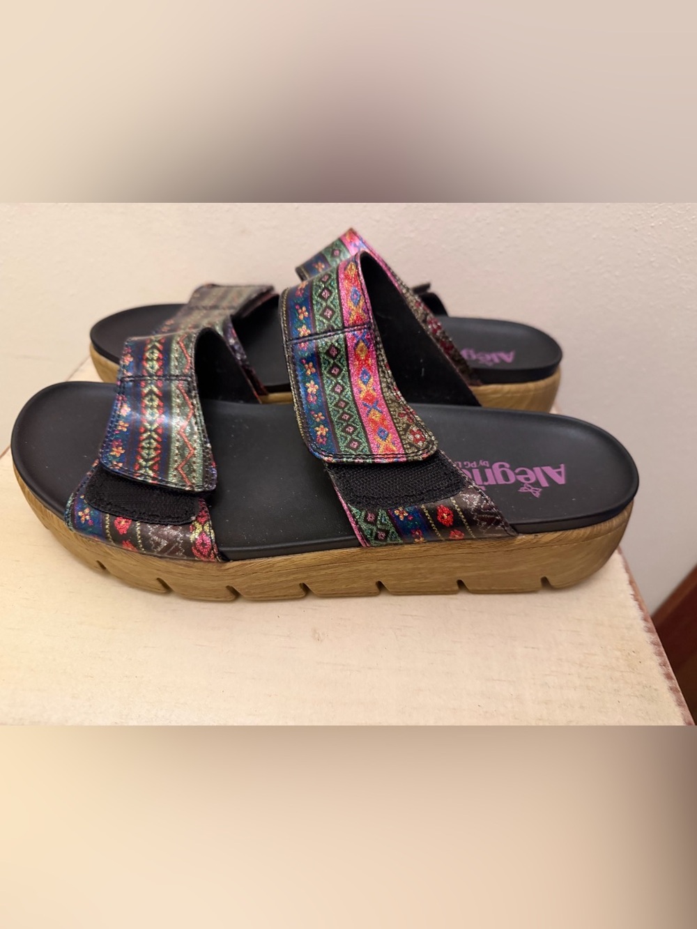 Alegria Women's Multicolored Patterned Slide Sandals with Tan Platform